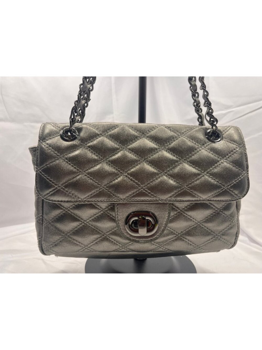 Paradox Leather Metallic Pewter Quilted Shoulder Bag Chain Strap Genuine Leather